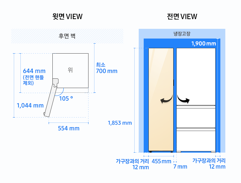 BESPOKE 냉장고 설치가이드 1도어 냉장고/냉동고 240 L (와인/변온) 설치가이드 이미지 입니다. 좌측 윗면 VIEW 영역에는 전면 핸들 제외 길이 644mm, 도어 오픈 최대 각도 105도, 최대 도어 열림 길이를 포함한 제품 정면 길이 554mm가 표기되어 있습니다. 제품 정면(도어 제외) 단면에서 제품 후면 끝까지의 길이 최소 700mm, 도어 오픈 105도 시 도어 길이를 포함한 측면 길이 1,044mm가 표기되어 있습니다. 우측 전면 VIEW 영역에는 BESPOKE 냉장고 1도어 제품에 글램 바닐라 패널이 부착되어 있고, 김치플러스 3도어 일러스트 이미지와 함께 제품 전체 높이 1,853mm, 냉장고장 높이 1,900mm, 가구장과의 거리 12mm, BESPOKE 냉장고 1도어 제품 길이 455mm, BESPOKE 냉장고 1도어와 김치플러스 3도어 제품간 간격 7mm가 표기되어 있습니다.