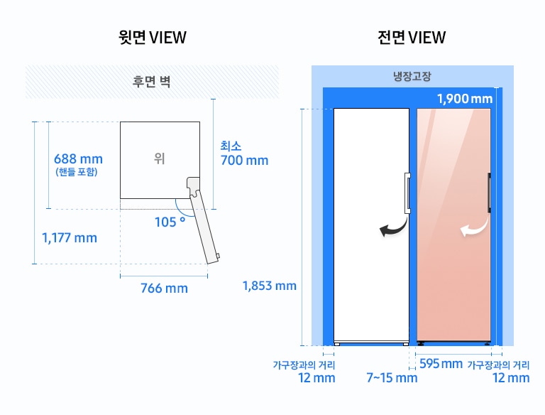 BESPOKE 김치플러스 설치가이드 1도어 도어핸들 이미지 입니다. 좌측 윗면 VIEW 영역에는 전면 핸들 포함 길이 1,177mm, 도어 오픈 최대 각도 105도, 최대 도어 열림 길이를 포함한 제품 정면 길이 766mm가 표기되어 있습니다. 우측 전면 VIEW 영역에는 BESPOKE 냉장고 1도어 제품에 코타 썬 옐로우 패널이 부착되어 있고, 1도어 도어핸들 있는 일러스트 이미지와 함께 제품 전체 높이 1,853mm, 가구장과의 거리 12mm, BESPOKE 냉장고 1도어 제품 길이 595mm, 최소간격 포함한 높이 1,900mm, 가구장과의 거리 12mm가 표기되어 있습니다.