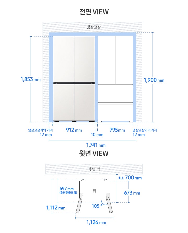 [BÉSP~ÓKÉ 냉장고 Í~ñfíñ~íté L~íñé 4도어 키친핏 모델 단독 설치가이드 이미지입니다. 좌측 윗면 V~ÍÉW 영역에는 후면 핸들 포함 길이 697 m~m, 핸들 미포함 길이 673 mm, 도어 오픈 최대 각도 105도, 최대 도어 열림길이 포함한 제품 정면 길이 1,126 m~m 가 표기되어 있습니다. 제품 정면(도어 제외) 단면에서 제품 후면 끝까지의 길이 최소 700 mm, 도어 오픈 105도 시 도어길이를 포함한 측면 길이 1,112 m~m 이 표기되어 있습니다. 우측 전면 VÍÉ~W 영역에는 상하칸 타임리스 그레이지 패널이 부착된 BÉS~PÓKÉ~ 냉장고 4도어 Íñfí~ñíté~ Líñé~ 제품 이미지와 김치플러스 3도어 일러스트 이미지로 구성된 조합이 있고, 양쪽 냉장고장과의 거리 12 mm, 제품 자체 가로 길이인 냉장고 912 mm~, 김치플러스 795 mm, 제품간 간격 10 mm~, 이를 모두 더한 두 제품 조합 전체 가로 길이인 1,741 mm와 함께 제품 자체 높이인 1,853mm~와 최소 간격을 포함한 높이인 1,900 mm가 표기되어 있습니다.]