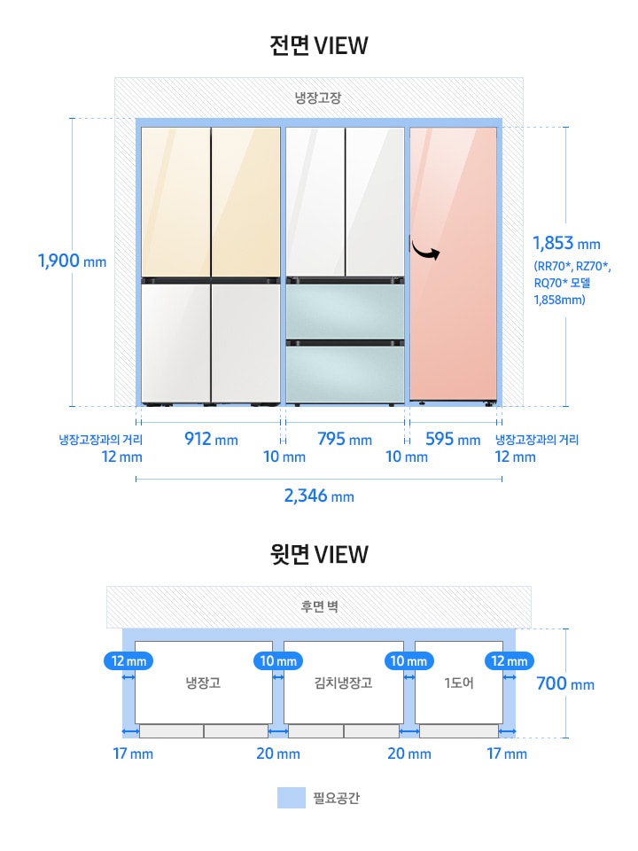 Bespoke 키친핏 페어 설치가이드 냉장고 4도어+김치플러스 4도어 +1도어(냉장/냉동/김치) 이미지입니다.
