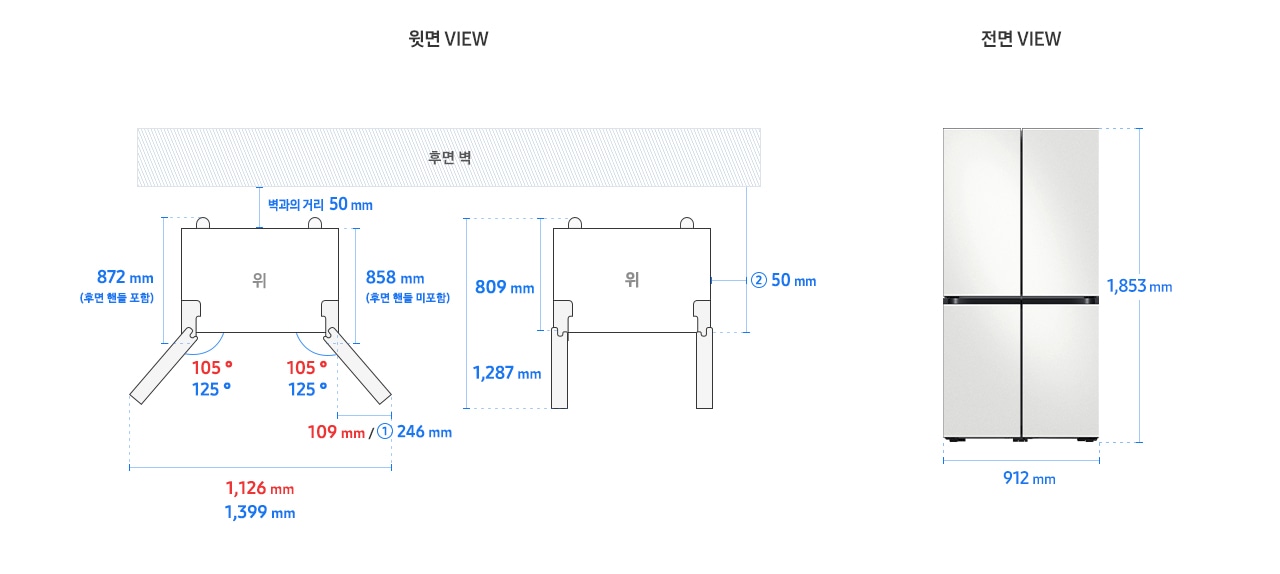 Bespoke 냉장고 4도어 프리스탠딩 RF80* 모델 단독 설치가이드 이미지입니다. 좌측 윗면 VIEW 영역에는 벽과의 거리 50mm, 후면 핸들 포함 길이 872mm, 핸들 미포함 길이 858mm, 냉장실(상칸도어) 기준 도어 오픈 최대 각도 125도, 도어부 측면 최소 거리 길이 ① 246mm, 최대 도어 열림 길이를 포함한 제품 가로 길이 1,399mm가 표기되어 있습니다. 냉동/맞춤보관실(하칸 도어) 기준 도어 오픈 최대 각도 105도, 도어부 측면 최소 거리 길이 109mm, 최대 도어 열림 길이를 포함한 제품 가로 길이 1,126mm가 표기되어 있습니다. 제품 (도어 제외) 단면에서 제품 후면 끝까지의 길이 809mm, 도어 오픈 90도 시 도어 길이를 포함한 길이 1,287mm, 본체부 측면 최소 거리 ② 50mm가 표기되어 있습니다. 우측 전면 VIEW 영역에는 상하칸 코타 화이트 패널이 부착된 Bespoke 냉장고 4도어 제품 이미지와 함께 제품 높이 1,853mm, 제품 가로 길이 912mm가 표기되어 있습니다.