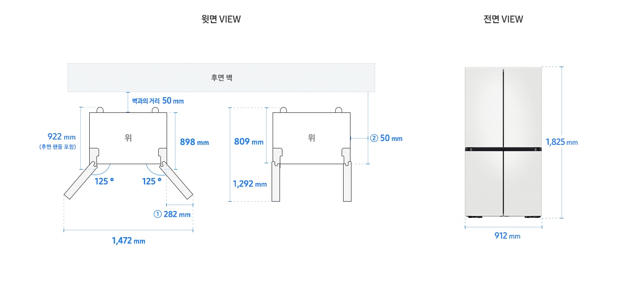 Bespoke 냉장고 4도어 프리스탠딩 RF84* 모델 단독 설치가이드 이미지입니다. 좌측 윗면 VIEW 영역에는 벽과의 거리 50mm, 후면 핸들 포함 길이 922mm, 핸들 미포함 길이 898mm, 도어 오픈 최대 각도 125도, 도어부 측면 최소 거리 길이 ① 282mm, 최대 도어 열림 길이를 포함한 제품 가로 길이 1,498mm가 표기되어 있습니다. 제품 (도어 제외) 단면에서 제품 후면 끝까지의 길이 809mm, 도어 오픈 90도 시 도어 길이를 포함한 길이 1,292mm, 본체부 측면 최소 거리 ② 50mm가 표기되어 있습니다. 우측 전면 VIEW 영역에는 상하칸 코타 화이트 패널이 부착된 Bespoke 냉장고 4도어 제품 이미지와 함께 제품 높이 1,825mm, 제품 가로 길이 912mm가 표기되어 있습니다.