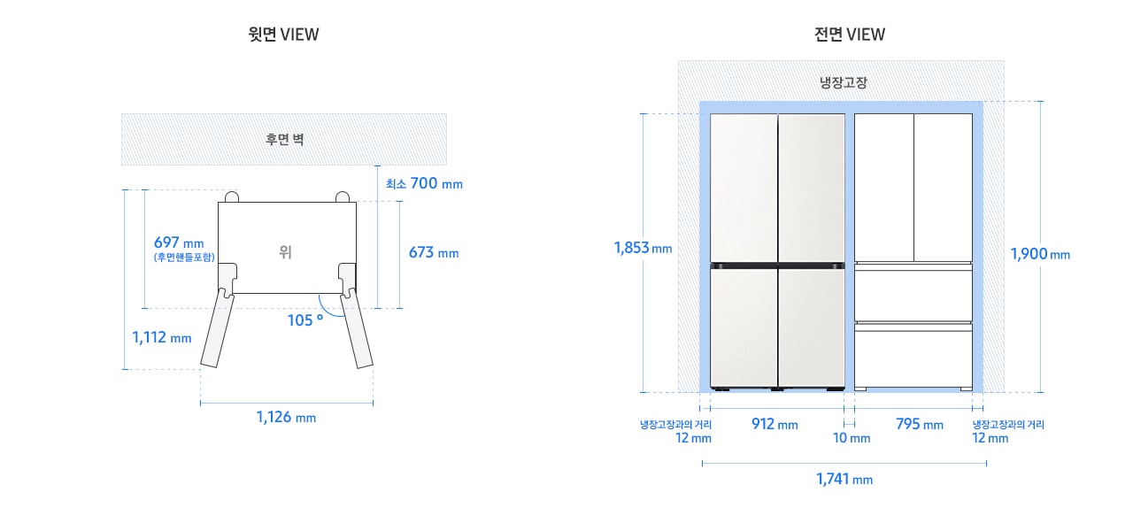 BESPOKE 냉장고 Infinite Line 4도어 키친핏 모델 단독 설치가이드 이미지입니다. 좌측 윗면 VIEW 영역에는 후면 핸들 포함 길이 697 mm, 핸들 미포함 길이 673 mm, 도어 오픈 최대 각도 105도, 최대 도어 열림길이 포함한 제품 정면 길이 1,126 mm 가 표기되어 있습니다. 제품 정면(도어 제외) 단면에서 제품 후면 끝까지의 길이 최소 700 mm, 도어 오픈 105도 시 도어길이를 포함한 측면 길이 1,112 mm 이 표기되어 있습니다. 우측 전면 VIEW 영역에는 상하칸 타임리스 그레이지 패널이 부착된 BESPOKE 냉장고 4도어 Infinite Line 제품 이미지와 김치플러스 3도어 일러스트 이미지로 구성된 조합이 있고, 양쪽 냉장고장과의 거리 12 mm, 제품 자체 가로 길이인 냉장고 912 mm, 김치플러스 795 mm, 제품간 간격 10 mm, 이를 모두 더한 두 제품 조합 전체 가로 길이인 1,741 mm와 함께 제품 자체 높이인 1,853mm와 최소 간격을 포함한 높이인 1,900 mm가 표기되어 있습니다.