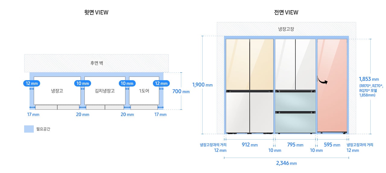Bespoke 키친핏 페어 설치가이드 냉장고 4도어+김치플러스 4도어 +1도어(냉장/냉동/김치) 이미지입니다.