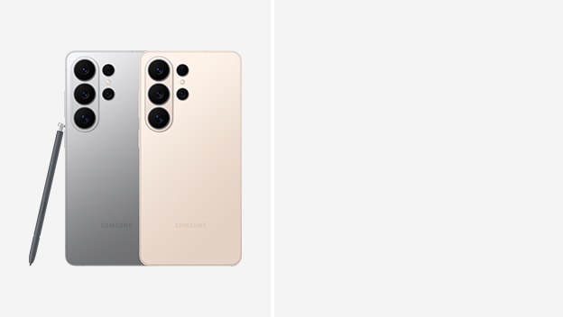 실버 쉐도우, 핑크골드 색상의 갤럭시 S26 울트라 두 대가 후면을 보인 채 겹쳐 서있습니다. 그 옆에는 S펜이 기대어 서 있습니다.