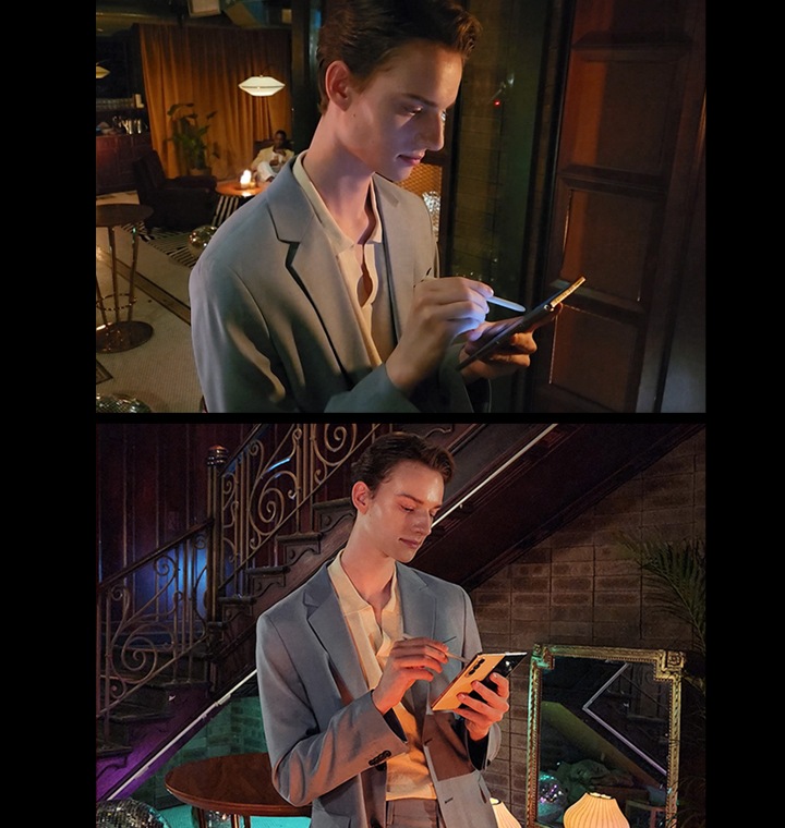 한 남성이 은은하게 등이 켜진 라운지에서 S펜 폴드 에디션으로 갤럭시 Z 폴드4를 사용하고 있습니다. 나이토그래피의 슈퍼 나이트 솔루션은 움직임을 매끄럽게 하고 색상을 생동감있게 살려 줍니다. 배경 디테일도 선명하게 보여주죠.