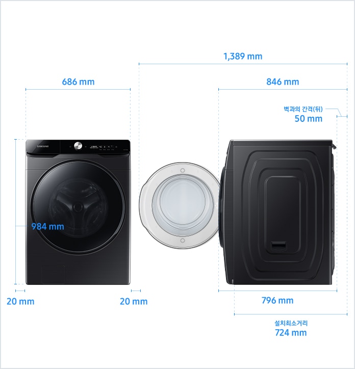 
                                21 kg ~ 16 kg 드럼세탁기 설치 환경 가이드 이미지입니다.
                                좌측 이미지는 제품의 정면도입니다. 제품의 폭은 686 mm, 높이는 984 mm입니다.
                                제품과 양 옆 벽과의 간격은 각각 20 mm의 공간이 필요합니다.
                                우측 이미지는 제품의 측면도입니다. 제품의 깊이는 796 mm입니다.
                                문을 열었을 때, 후방 벽과의 간격을 포함한 깊이는 1,389 mm이고 문을 닫았을 때, 후방 벽과의 간격을 포함한 깊이는 846 mm입니다.
                                제품과 후방 벽과의 간격은 50 mm의 공간이 필요합니다.
                                후방 벽을 기준으로 설치 최소 거리는 724 mm입니다.