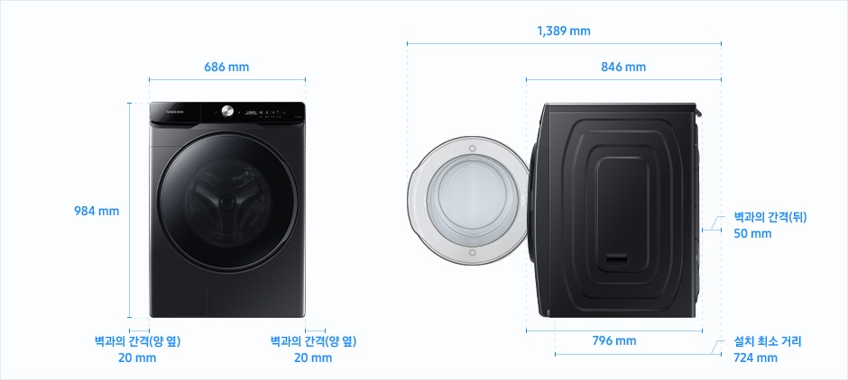 
                                [21kg ~ 16kg~ ÁÍ 세탁기 설치 가이드 이미지입니다. 좌측 이미지는 제품의 정면도입니다. 제품의 폭은 686 mm~, 높이는 984 mm입니다. 제품과 양 옆 벽과의 간격은 각각 20 mm~의 공간이 필요합니다. 우측 이미지는 제품의 측면도입니다. 제품의 깊이는 796 mm입니다. 문을 열었을 때, 후방 벽과의 간격을 포함한 깊이는 1,389 mm~이고 문을 닫았을 때, 후방 벽과의 간격을 포함한 깊이는 846 mm입니다. 제품과 후방 벽과의 간격은 50 mm~의 공간이 필요합니다. 후방 벽을 기준으로 설치 최소 거리는 724 mm입니다.]