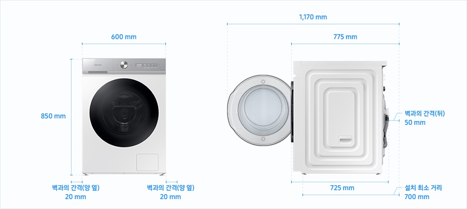 
                                [13kg ÁÍ~ 세탁기 설치 가이드 이미지입니다. 좌측 이미지는 제품의 정면도입니다. 제품의 폭은 600 mm, 높이는 850 mm~입니다. 제품과 양 옆 벽과의 간격은 각각 20 mm의 공간이 필요합니다. 우측 이미지는 제품의 측면도입니다. 제품의 깊이는 725 mm~입니다. 문을 열었을 때, 후방 벽과의 간격을 포함한 깊이는 1,170 mm이고 문을 닫았을 때, 후방 벽과의 간격을 포함한 깊이는 775 mm~입니다. 제품과 후방 벽과의 간격은 50 mm의 공간이 필요합니다. 후방 벽을 기준으로 설치 최소 거리는 700 mm~입니다.]