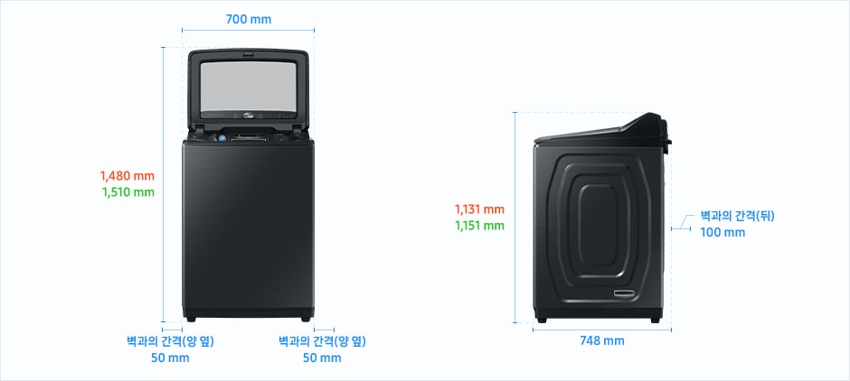 
                                [통버블 세탁기 25kg ~ 19kg~ 설치 가이드 이미지입니다. 좌측 이미지는 제품의 정면도입니다. 제품의 폭은 700 mm입니다. WÁ~23*8* /WÁ21*8* /WÁ~19*8* 제품의 경우, 상단 문을 열었을 때 제품의 높이는 1,480 mm입니다. WÁ~25* 제품의 경우, 상단 문을 열었을 때 제품의 높이는 1,510 mm입니다. 제품과 양 옆 벽과의 간격은 각각 50 mm~의 공간이 필요합니다. 우측 이미지는 제품의 측면도입니다. 제품의 깊이는 748 mm입니다. WÁ~23*8* /WÁ21*8* /WÁ~19*8* 제품의 경우, 제품의 높이는 1,131 mm입니다. WÁ~25* 제품의 경우, 제품의 높이는 1,151 mm입니다. 제품과 후방 벽과의 간격은 100 mm~의 공간이 필요합니다.]