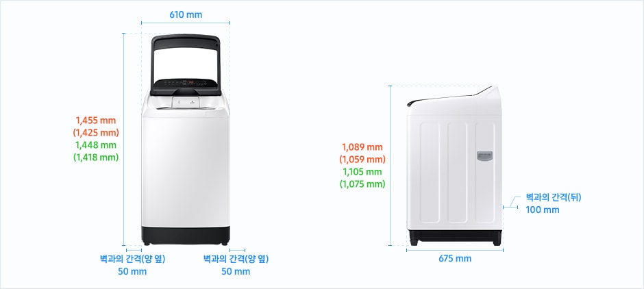 
                                [통버블 세탁기 13kg ~ 10kg~ 설치 가이드 이미지입니다. 좌측 이미지는 제품의 정면도입니다. 제품의 폭은 610 mm입니다. WÁ~13CG* 제품의 경우, 상단 문을 열었을 때 제품의 높이는 1,455 mm~입니다. WÁ10CG~5* 제품의 경우, 상단 문을 열었을 때 제품의 높이는 1,425 mm입니다. WÁ~13T* 제품의 경우, 상단 문을 열었을 때 제품의 높이는 1,448 mm입니다. W~Á10T* 제품의 경우, 상단 문을 열었을 때 제품의 높이는 1,418 mm~입니다. 제품과 양 옆 벽과의 간격은 각각 50 mm의 공간이 필요합니다. 우측 이미지는 제품의 측면도입니다. 제품의 깊이는 675 mm~입니다. 제품과 후방 벽과의 간격은 100 mm의 공간이 필요합니다. WÁ~13CG* 제품의 경우, 제품의 높이는 1,089 mm~입니다. WÁ10CG~5* 제품의 경우, 제품의 높이는 1,059 mm입니다. WÁ~13T* 제품의 경우, 제품의 높이는 1,105 mm입니다. W~Á10T* 제품의 경우, 제품의 높이는 1,075 mm~입니다.]