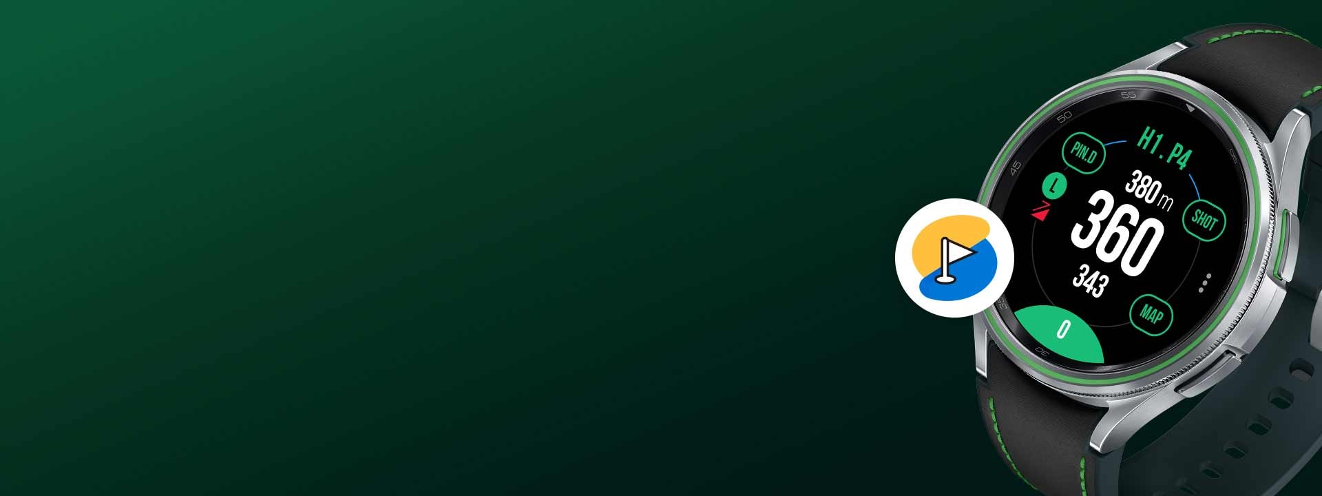 블랙 하이브리드 가죽 T 버클 스트랩의 갤럭시 워치6 클래식 골프 에디션은 기기 옆에 스마트 캐디 로고와 함께 홀 정보 화면을 표시하고 있습니다.