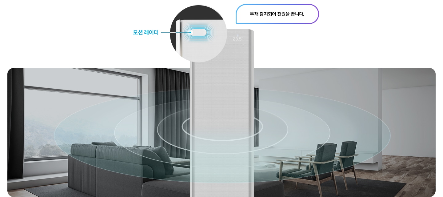 모션 레이더가 확대된 모습입니다. '부재 감지되어 전원을 끕니다.'라는 말풍선이 있습니다.