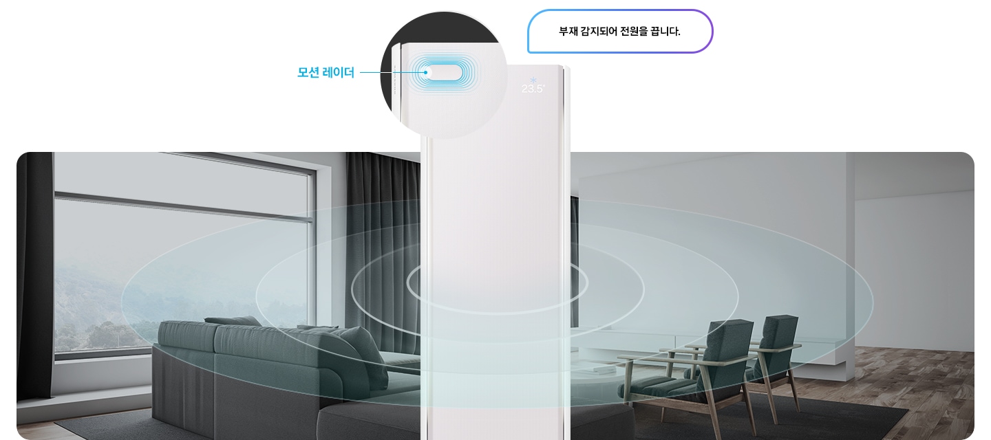 모션 레이더가 확대된 모습입니다. '부재 감지되어 전원을 끕니다.'라는 말풍선이 있습니다.