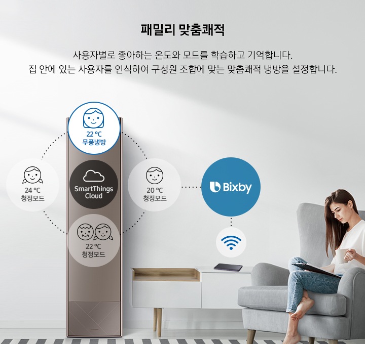 에어컨과 스마트폰을 연결하여 목소리로 냉방을 설정하고 있습니다.