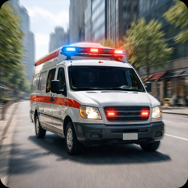 사이렌을 울리는 구급차 모습으로 사이렌 감지 기능을 표현합니다.