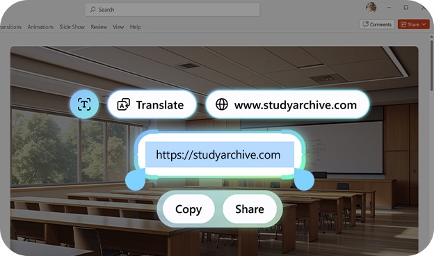 갤럭시 북6 프로의 Galaxy AI 웹사이트 메인 화면이 확대되어 나타납니다. 화면에는 이메일 주소가 강조되어 표시됩니다. 클릭하면 실행되는 '번역', '이메일 전송', '복사', '공유' 버튼도 함께 나타납니다.
