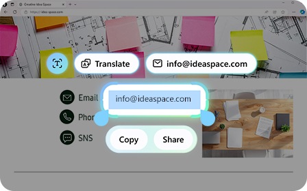 갤럭시 북6 프로의 Galaxy AI 이메일 전송 화면이 확대되어 나타납니다. 화면에는 이메일 주소가 강조되어 표시됩니다. 클릭하는 즉시 실행되는 '이메일 전송', '번역', '복사', '공유' 버튼도 함께 나타납니다.