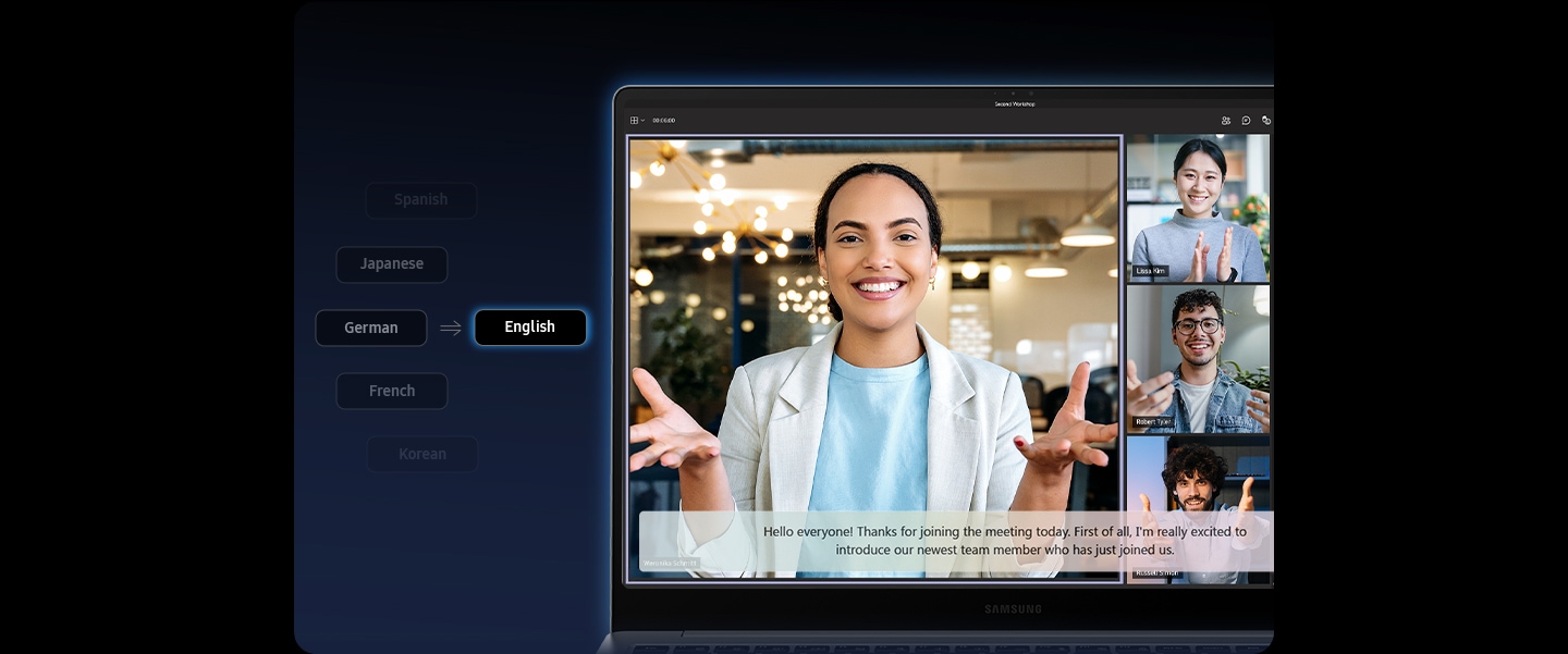 갤럭시 북5 프로의 화면에는 4명의 참가자가 참여중인 Microsoft Teams 그룹 화상 통화가 진행됩니다. 독일어에서 영어로 실시간 AI 번역이 가능한 라이브 캡션이 활성화되고 영어 캡션이 화면에 표시됩니다.