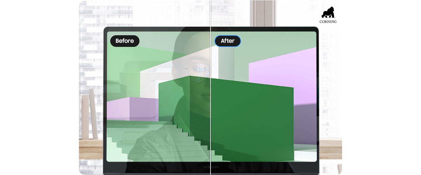 갤럭시 북5 프로의 화면에는 다채로운 색상의 추상적인 이미지가 디스플레이 되고 있으며, 화면이 두 개로 나뉘어 보여지고 있습니다. Before라고 표시된 왼쪽에는 많은 반사와 눈부심이 있습니다. After라고 표시된 오른쪽에는 DX가 포함된 코닝 고릴라 글래스 덕분에 반사와 눈부심이 눈에 띄게 적습니다. 코닝 로고가 표시됩니다.