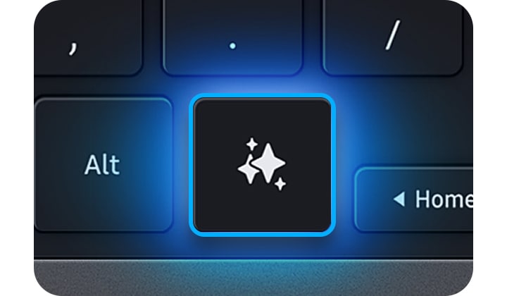 갤럭시 탭 S11 울트라 프로 키보드의 AI 키가 나타나 있습니다. AI 키에는 갤럭시 AI 아이콘이 표시되어 있으며, 주변의 다른 키들과 다르게 빛납니다.