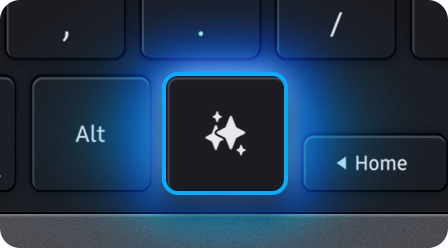 갤럭시 탭 S11 울트라 프로 키보드의 AI 키가 나타나 있습니다. AI 키에는 갤럭시 AI 아이콘이 표시되어 있으며, 주변의 다른 키들과 다르게 빛납니다.