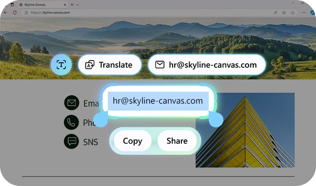 갤럭시 북6 프로의 Galaxy AI 이메일 전송 화면이 확대되어 나타납니다. 화면에는 이메일 주소가 강조되어 표시됩니다. 클릭하는 즉시 실행되는 '이메일 전송', '번역', '복사', '공유' 버튼도 함께 나타납니다.