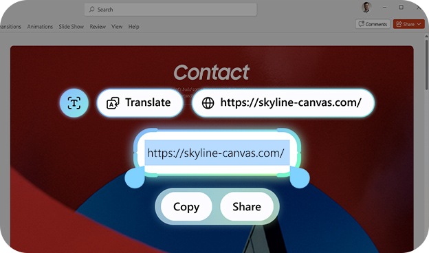 갤럭시 북6 프로의 Galaxy AI 웹사이트 메인 화면이 확대되어 나타납니다. 화면에는 이메일 주소가 강조되어 표시됩니다. 클릭하면 실행되는 '번역', '이메일 전송', '복사', '공유' 버튼도 함께 나타납니다.