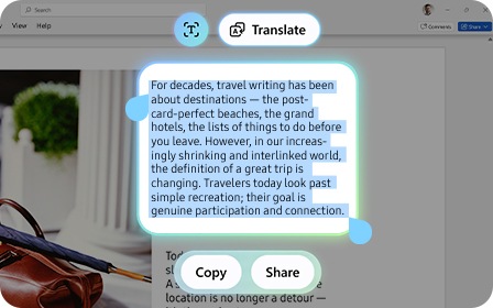 갤럭시 북6 프로의 Galaxy AI 번역 화면이 확대되어 나타납니다. 화면에는 강조된 텍스트가 표시됩니다. 선택한 텍스트 위에 번역 버튼이 표시되고, 복사, 공유 버튼은 그 아래에 표시됩니다.