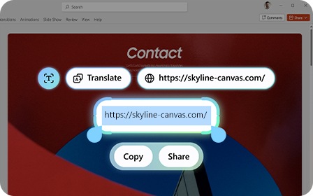 갤럭시 북6 프로의 Galaxy AI 웹사이트 메인 화면이 확대되어 나타납니다. 화면에는 이메일 주소가 강조되어 표시됩니다. 클릭하면 실행되는 '번역', '이메일 전송', '복사', '공유' 버튼도 함께 나타납니다.