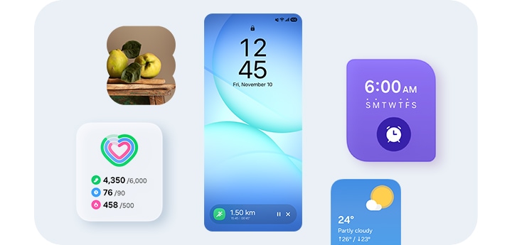 스마트폰 잠금화면 하단의 Now Bar에는 삼성 헬스 앱의 러닝 트래커가 표시되어 있습니다. 화면 곳곳에는 갤러리, 일일 활동, 알람, 날씨 위젯이 함께 배치되어 있습니다.