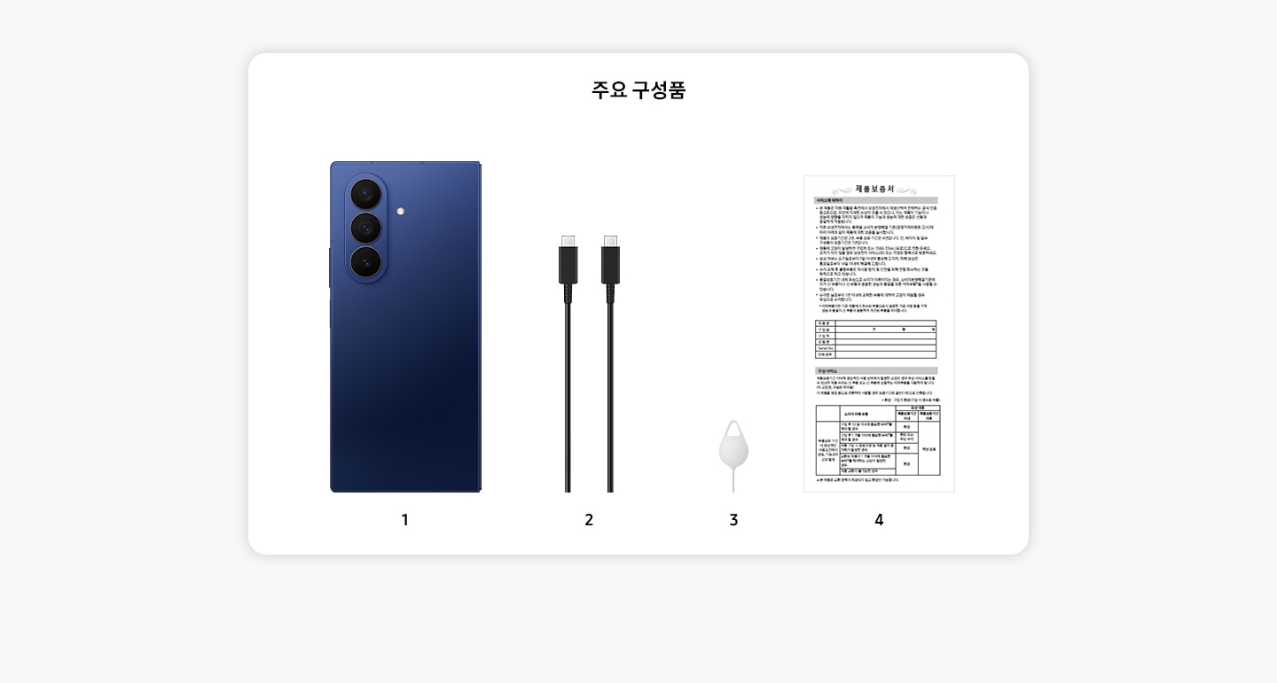 주요 구성품: 1. 스마트폰, 2. 데이터 케이블, 3. 분리핀, 4. 제품보증서