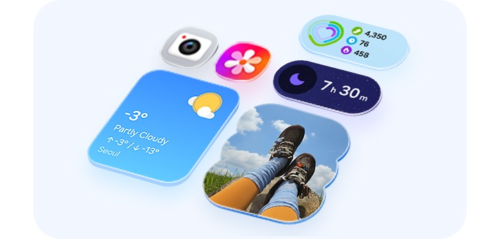 One UI 9의 다양한 앱 아이콘과 앱 위젯이 깔끔한 격자형으로 표시되어 직관적인 인터페이스를 강조합니다.