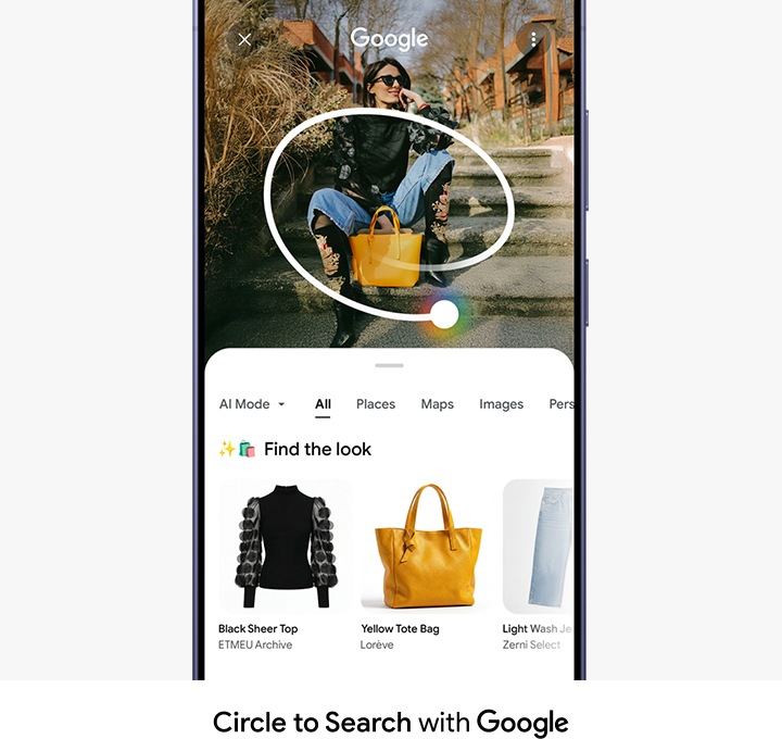 Circle to Search with Google. 사진 속 누군가의 옷차림에 동그라미가 그려져 있습니다. 구글 결과가 있는 팝업에 각각의 아이템들이 나타나고 사용자는 원하는 옷을 찾을 수 있습니다.
