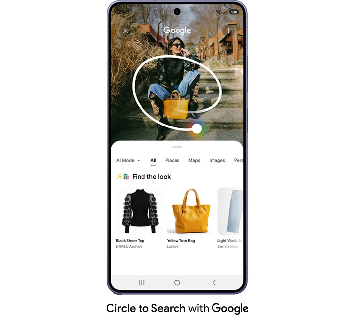 Circle to Search with Google. 사진 속 누군가의 옷차림에 동그라미가 그려져 있습니다. 구글 결과가 있는 팝업에 각각의 아이템들이 나타나고 사용자는 원하는 옷을 찾을 수 있습니다.