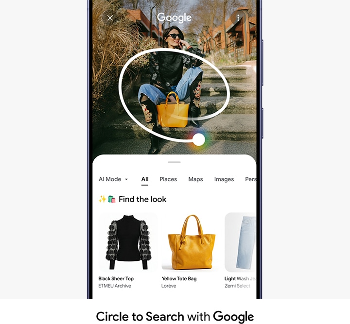 Circle to Search with Google. 사진 속 누군가의 옷차림에 동그라미가 그려져 있습니다. 구글 결과가 있는 팝업에 각각의 아이템들이 나타나고 사용자는 원하는 옷을 찾을 수 있습니다.