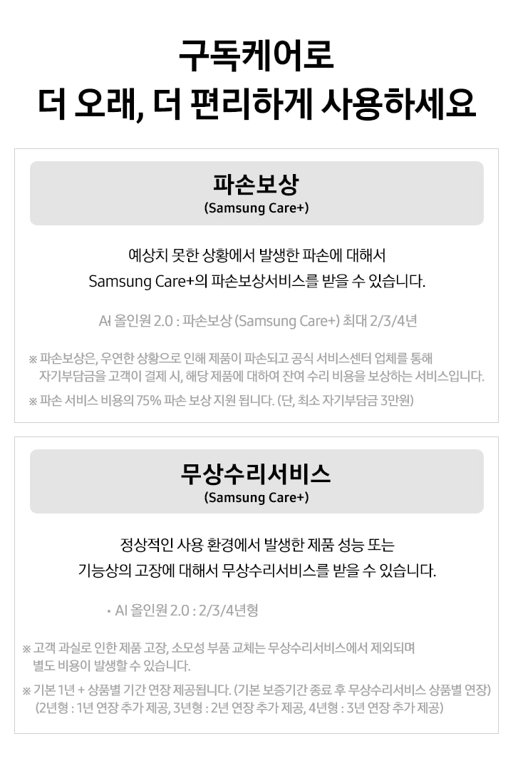 구독케어로 더 오래, 더 편리하게게 사용하세요 파손보상 (Samsung Care+) 예상치 못한 상황에서 발생한 파손에 대해서 Samsung Cara+의 파손보상서비스를 받을 수 있습니다. AI 올인원 2.0 : 파손보상(Samsung Care+) 2/3/4년 ※ 파손보상은, 운연한 상황으로 인해 제품이 파손되고 공식 서비스센터 업체를 통해 자기부담금을 고객이 결제 시, 해당 제품에 대하여 잔여 수리 비용을 보상하는 서비스입니다. / 무상수리서비스(Samsung Cara+) 정상적인 사용 환경에서 발생 제품 성능 또는 기능상의 고장에 대해서 무상수리서비스를 받을 수 있습니다. / · AI 올인원 2.0 : 2/3/4년형 텍스트가 적혀 있습니다.