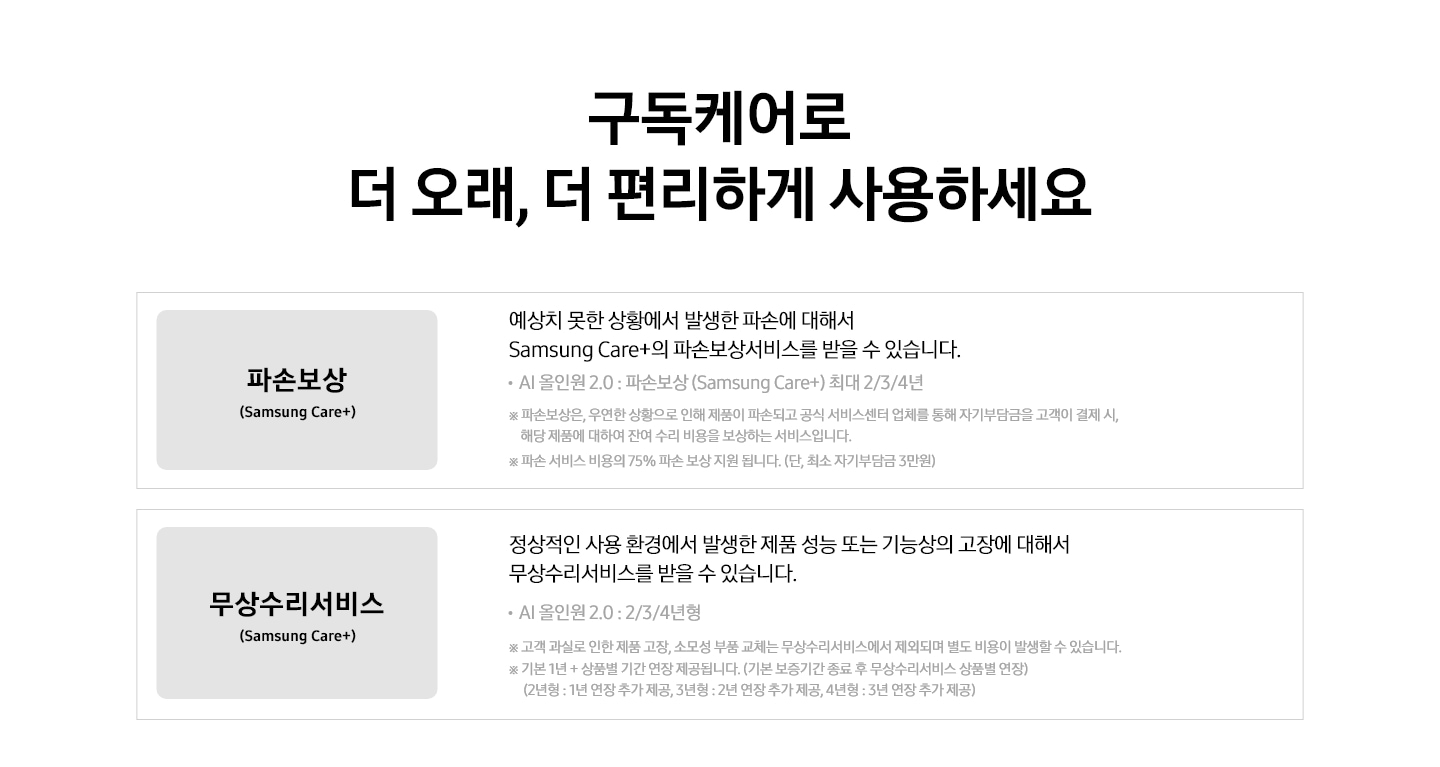 구독케어로 더 오래, 더 편리하게 사용하세요 파손보상 (Samsung Care+) 예상치 못한 상황에서 발생한 파손에 대해서 Samsung Cara+의 파손보상서비스를 받을 수 있습니다. AI 올인원 2.0 : 파손보상(Samsung Care+) 2/3/4년 ※ 파손보상은, 운연한 상황으로 인해 제품이 파손되고 공식 서비스센터 업체를 통해 자기부담금을 고객이 결제 시, 해당 제품에 대하여 잔여 수리 비용을 보상하는 서비스입니다. / 무상수리서비스(Samsung Cara+) 정상적인 사용 환경에서 발생 제품 성능 또는 기능상의 고장에 대해서 무상수리서비스를 받을 수 있습니다. / · AI 올인원 2.0 : 2/3/4년형 텍스트가 적혀 있습니다.