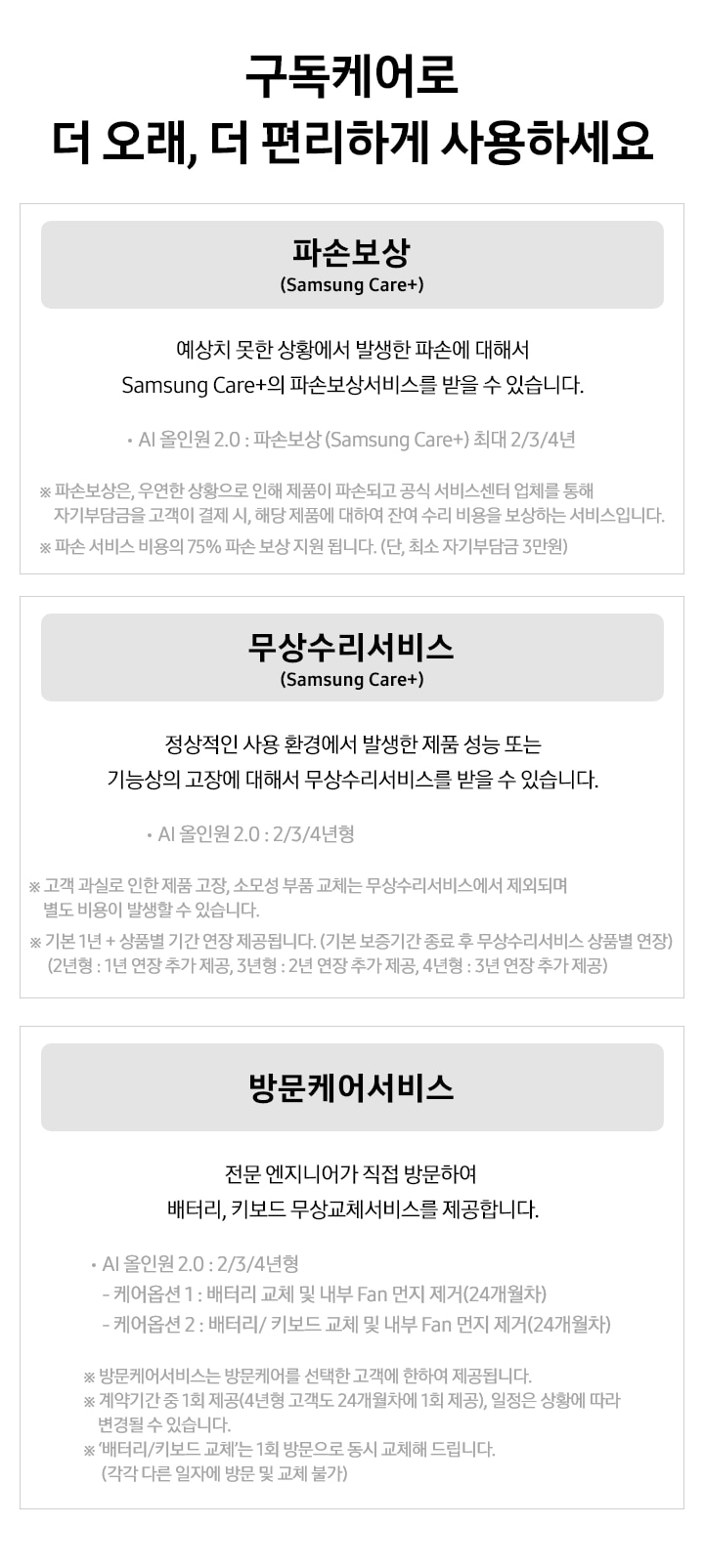 구독케어로 더 오래, 더 편리하게 사용하세요 파손보상 (Samsung Care+) 예상치 못한 상황에서 발생한 파손에 대해서 Samsung Cara+의 파손보상서비스를 받을 수 있습니다. AI 올인원 2.0 : 파손보상(Samsung Care+) 최대 2/3/4년 ※ 파손보상은, 운연한 상황으로 인해 제품이 파손되고 공식 서비스센터 업체를 통해 자기부담금을 고객이 결제 시, 해당 제품에 대하여 잔여 수리 비용을 보상하는 서비스입니다. ※ 파손 서비스 비용의 75% 파손보상 지원 됩니다. (단, 최소자기부담금 3만원) / 무상수리서비스(Samsung Cara+) 정상적인 사용 환경에서 발생 제품 성능 또는 기능상의 고장에 대해서 무상수리서비스를 받을 수 있습니다. / · AI 올인원 2.0 : 2/3/4년형 ※ 고객과실로 인한 제품고장, 소모성 부품 교체는 무상수리서비스에서 제외되며 별도 비용이 발생할 수 있습니다. ※ 기본 1년 + 상품별 기간 연장 제공됩니다. (기본보증기간 종료후 무상수리서비스 상품별 연장) (2년형 : 1년 연장 추가 제공, 3년형 : 2년 연장 추가 제공, 4년형 : 3년 연장 추가 제공) *)노트북 방문케어 서비스는 갤럭시 북5 프로 360, 갤럭시 북5프로(16, 14인치), 갤럭시 북4 울트라 모델에 한합니다. 방문케어서비스 / 전문 엔지니어가 직접 방문하여 배터리, 키보드 무상교체서비스를 제공합니다. · AI 올인원 2.0 : 2/3/4년 - 케어옵션 1 : 배터리 교체 및 내부 Fan 먼지제거(24개월차) - 케어옵션 2 : 배터리/키보드 교체 및 내부 Fan 먼지 제거(24개월차) ※ 방문케어서비스는 방문케어를 선택한 고객에 한하여 제공됩니다. ※ 계약기간 중 1회 제공 (4년형 고객도 24개월차에 1회 제공), 일정은 상황에 따라 변경될 수 있습니다. ※ '배터리/키보드 교체'는 1회 방문으로 동시 교체해 드립니다. (각각 다른 일자에 방문 및 교체 불가) 텍스트가 적혀 있습니다.