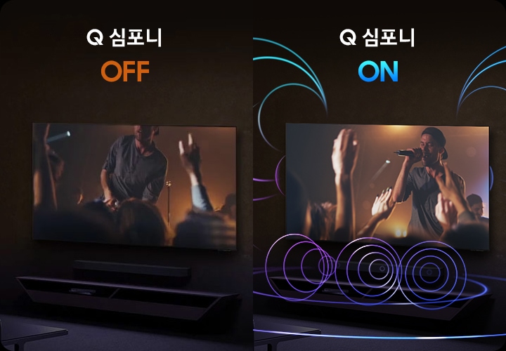 TV 화면에는 무대 위에서 밴드가 공연하고 있습니다. TV 하단에는 사운드바가 설치되어 있습니다. 왼쪽은 Q 심포니 꺼진 상태이며, 오른쪽은 Q 심포니 켜진 상태입니다.