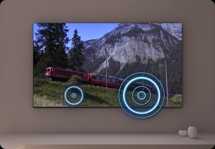 TV 화면 속에는 기차가 지나가고 있으며, 기차 아래로는 음파가 합성되어 있습니다.