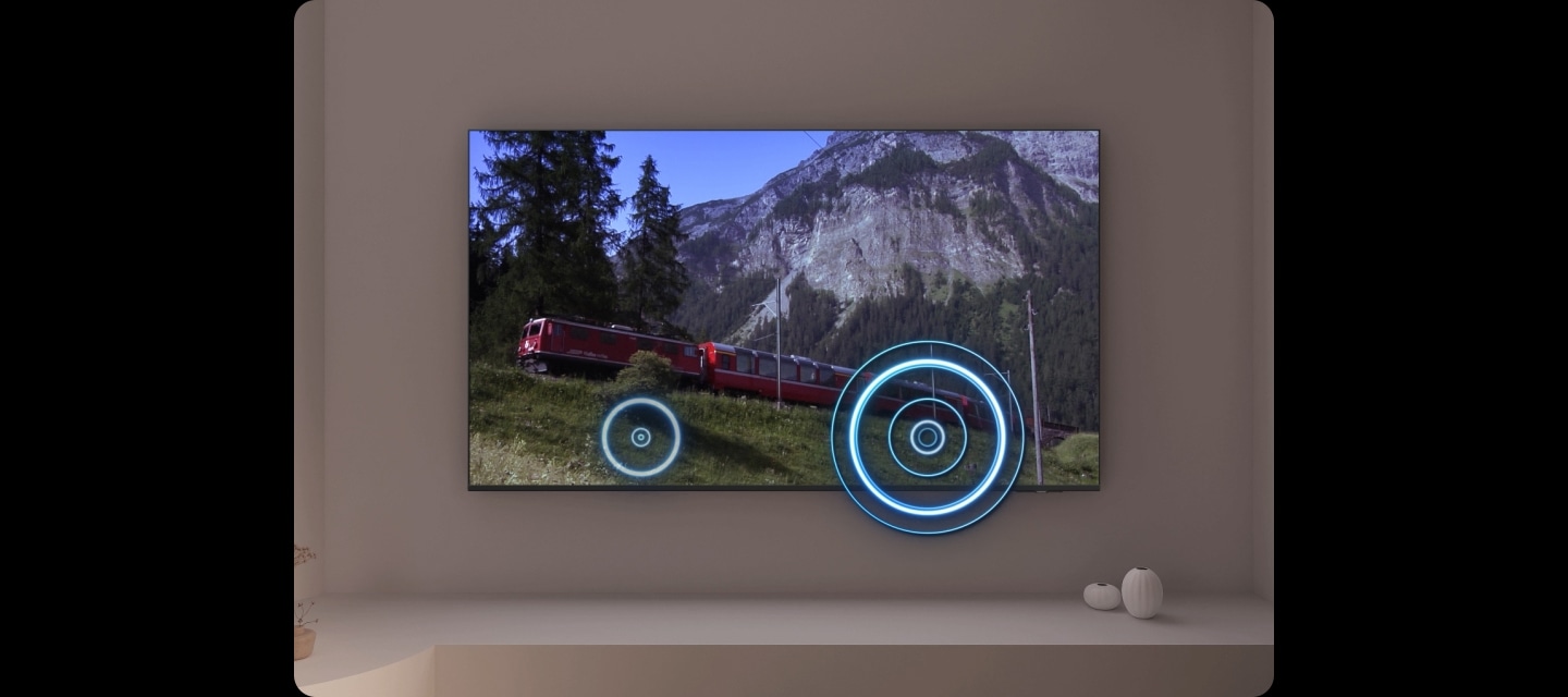 TV 화면 속에는 기차가 지나가고 있으며, 기차 아래로는 음파가 합성되어 있습니다.