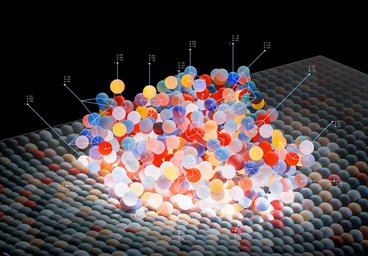 검은 배경 위에 여러가지 색상의 반투명한 원들이 모여 입체적인 구 형태를 이루고 있으며, 각 원에는 수치와 연결선이 표시되어 데이터 시각화를 나타내는 이미지입니다.