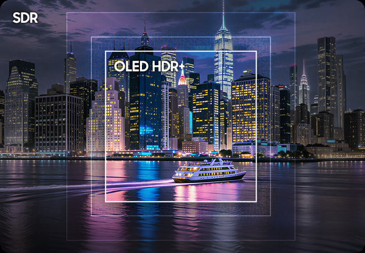 TV 화면에는 높은 빌딩들이 보이고 있습니다. 빌딩들에는 조명이 켜져 있습니다. 빌딩 앞으로는 강이 흐르고 있으며, 강 가운데에는 유람선이 운행하고 있습니다. 왼쪽 상단에는 “SDR“ 문구가 기재되어 있으며, 화면 가운데에는 “OLED HDR+“ 문구가 있으며 해당 부분의 화면이 선명하고 또렷하게 보여집니다.