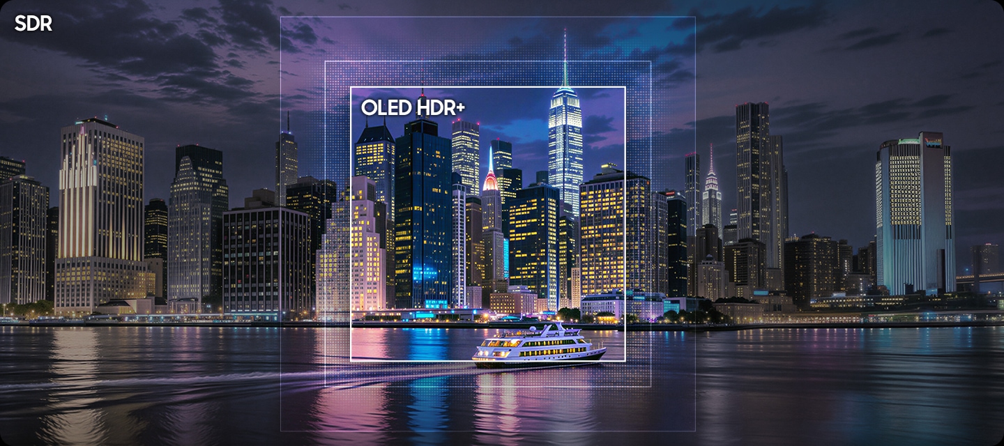 TV 화면에는 높은 빌딩들이 보이고 있습니다. 빌딩들에는 조명이 켜져 있습니다. 빌딩 앞으로는 강이 흐르고 있으며, 강 가운데에는 유람선이 운행하고 있습니다. 왼쪽 상단에는 “SDR“ 문구가 기재되어 있으며, 화면 가운데에는 “OLED HDR+“ 문구가 있으며 해당 부분의 화면이 선명하고 또렷하게 보여집니다.