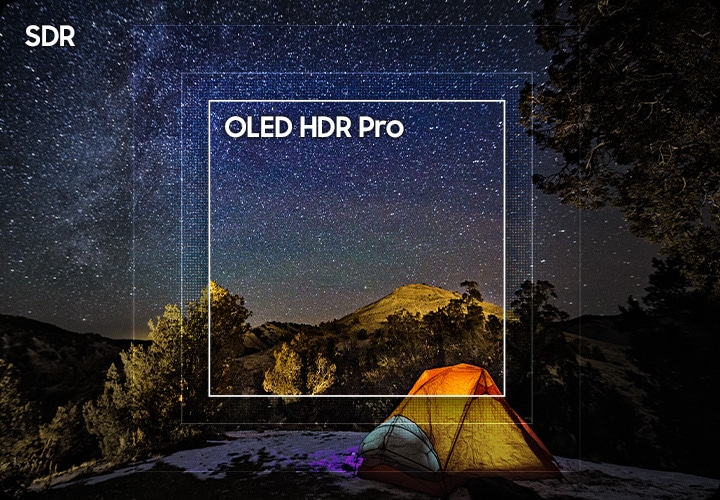 TV 화면에는 산속에 텐트 한 대가 놓여 있습니다. 밤하늘에는 별들이 빼곡히 자리했습니다. 왼쪽 상단에는 “SDR“ 문구가 기재되어 있으며, 화면 가운데에는 “OLED HDR Pro“ 문구가 있으며 해당 부분의 화면이 선명하고 또렷하게 보여집니다.