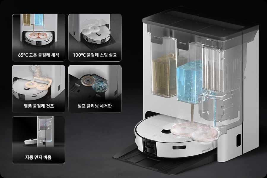 Bespoke AI 스팀이 스팀 청정스테이션에 도킹되어 있습니다. 물걸레가 고온 스팀과 함께 세척됩니다. 왼쪽에는 고온 물걸레 세척, 물걸레 스팀 살균, 열풍 물걸레 건조, 자동 급수, 셀프 클리닝 세척판 기능을 설명하는 썸네일이 나열되어 있습니다.