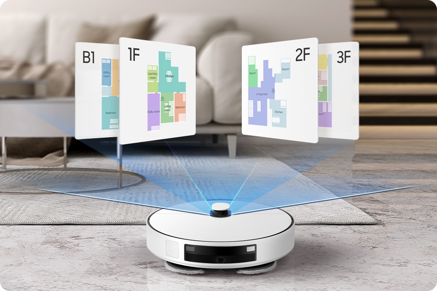 Bespoke AI 스팀 위에 지하 1층, 1층, 2층, 3층을 포함한 4개의 층별 지도가 나타납니다.