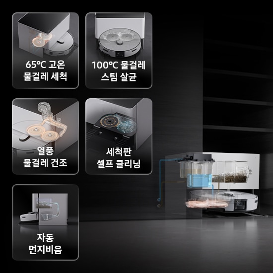 Bespoke AI 스팀이 스팀 청정스테이션에 도킹되어 있습니다. 물걸레가 고온 스팀과 함께 세척됩니다. 왼쪽에는 고온 물걸레 세척, 물걸레 스팀 살균, 열풍 물걸레 건조, 물통 자동 급수, 세척판 셀프 클리닝 기능을 설명하는 썸네일이 나열되어 있습니다.