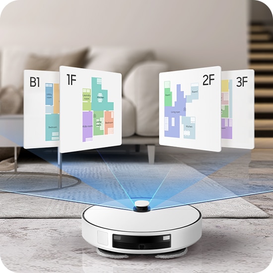 거실을 배경으로 이미지 왼쪽 부분에는 베이지 톤의 소파가 놓여 있고, 이미지 오른쪽 부분에는 2층으로 올라가는 계단이 있습니다. 이미지 중간 부분에는 Bespoke AI 스팀 울트라의 뒷모습이 놓여 있고 Bespoke AI 스팀 울트라 위에 지하 1층, 1층, 2층, 3층을 포함한 4개의 층별 지도가 스팀 울트라 상단에 나열되어 있습니다.